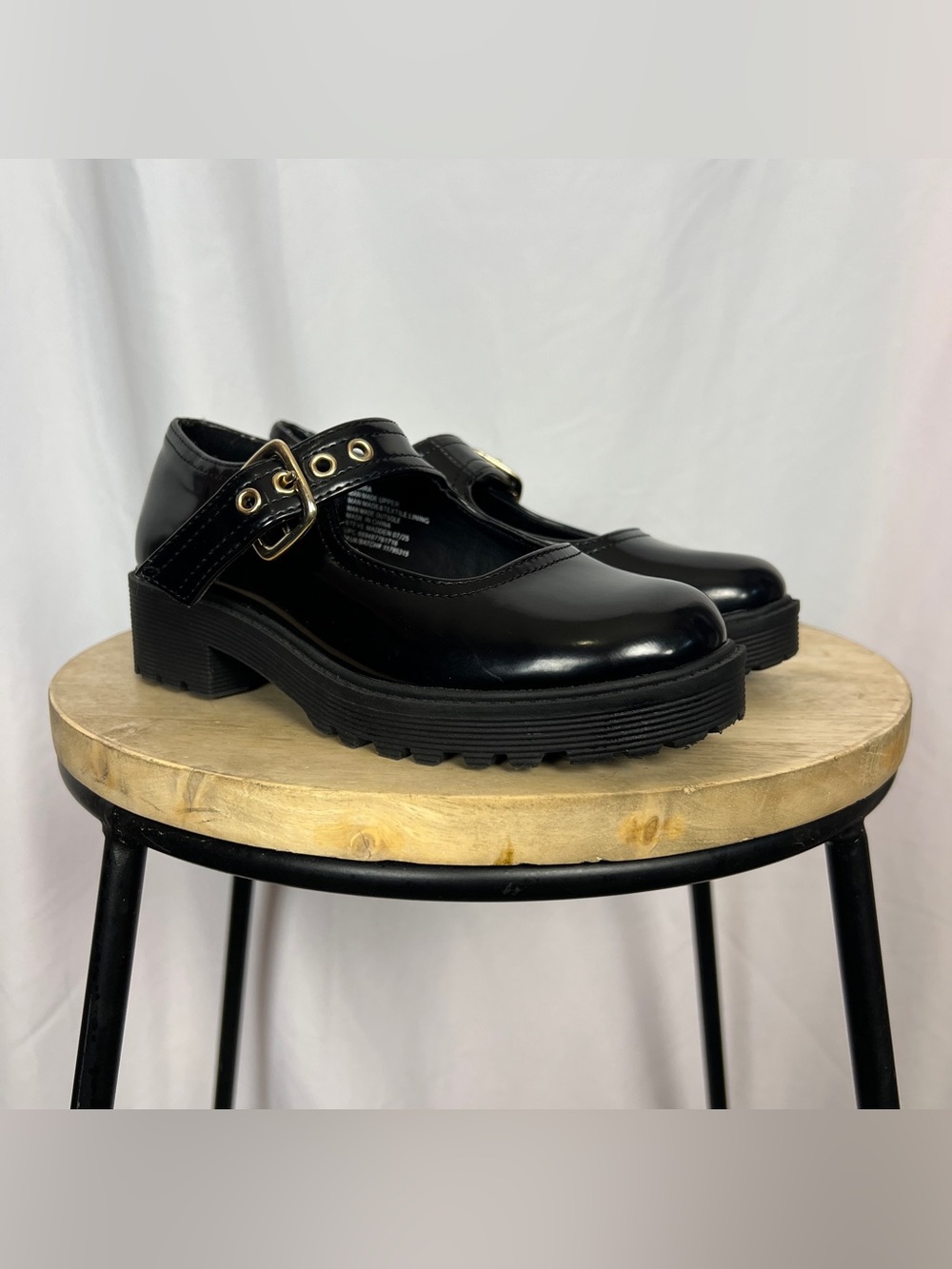 Black Shiny Patent Faux Leather Buckle Kids Mary Janes